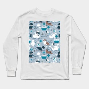 Veterinary medicine, happy and healthy friends // pattern // pastel blue background turquoise details navy blue white and brown cats dogs and other animals Long Sleeve T-Shirt